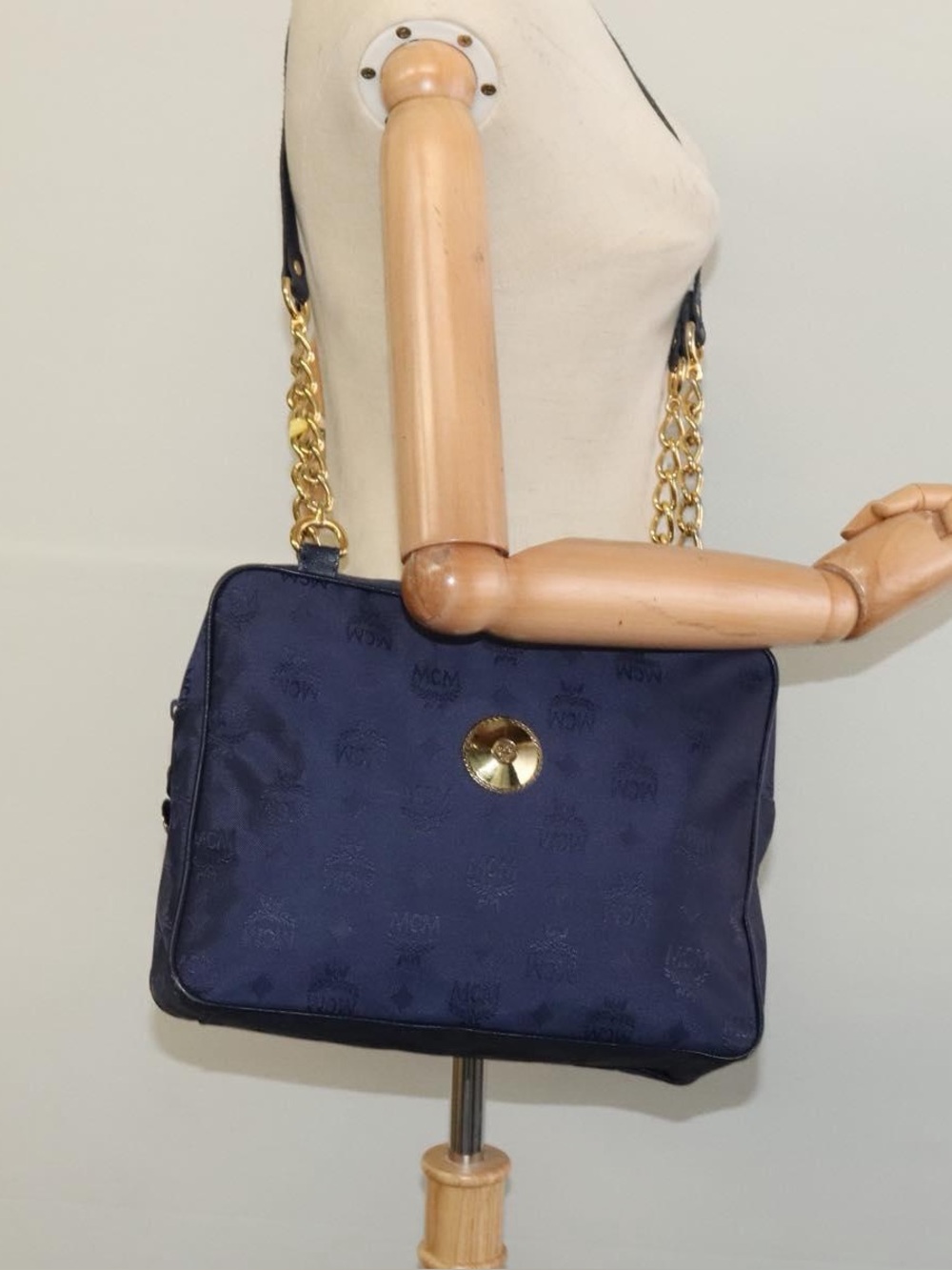 MCM Navy Logogram Visetos  Shoulder Nylon Chain-Strap Shoulder Bag